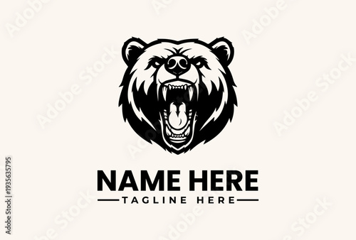 A black and white illustration of a bear's head with an open mouth on a beige background, accompanied by placeholder text for a logo or brand name and tagline, in a vector graphic style.
