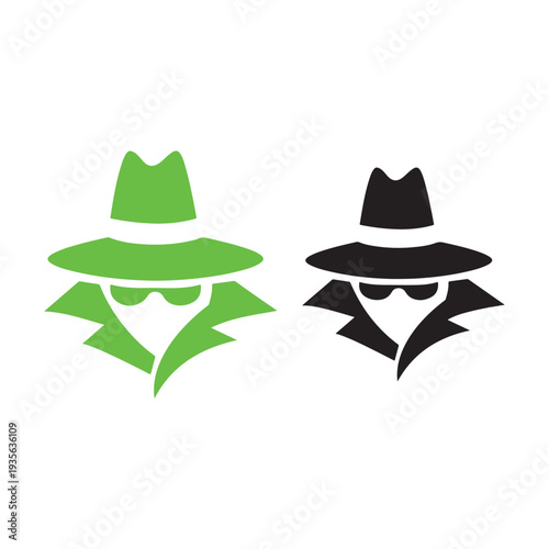 This image displays two stylized, minimalist icons of a figure representing a spy or incognito persona against a white background. Each figure features a fedora hat, sunglasses, and a raised coat 