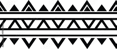 Seamless horizontal black and white geometric border design featuring abstract tribal ethnic triangle patterns with a repetitive symmetrical layout for decorative frames or edge accents