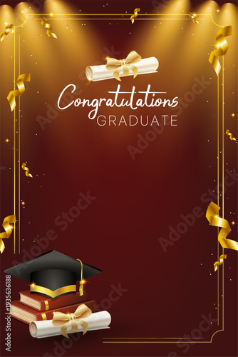 A festive graduation background in burgundy and gold. Includes a diploma, cap, books, and a festive inscription. Suitable for digital and printed projects, from postcards to presentations.