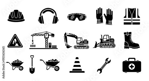 Set of 18 black construction safety and heavy equipment icons vector isolated PNG with Transparent Background