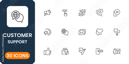 Professional customer service and helpdesk icon pack featuring call center, chat support and assistance symbols