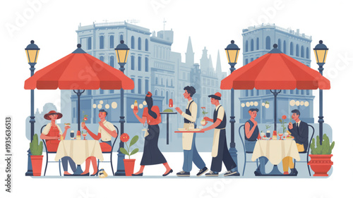 Waiters serving food at outdoor restaurant with red umbrellas and street lamps in urban setting with cityscape background