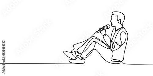 man sitting and holding a microphone continuous one line drawing, Self drawing of one single line draw young male rock singer holding microphone singing on music festival stage.
