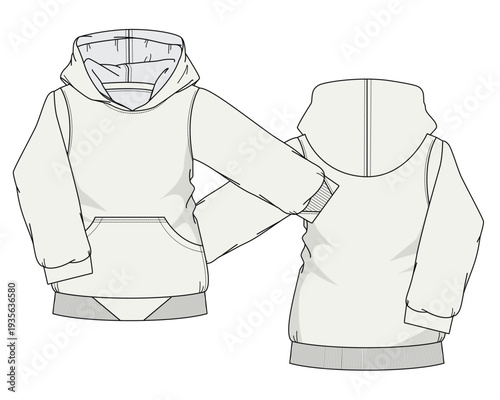 Female hoodies technical flat drawing vector mockup template.