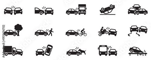 Car accident and road crash icon set. Flat vector illustrations of vehicle collision, hit and run, overturned car, and roadside breakdown on white background.