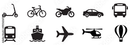 Transport simple icon. Transportation icons set. Auto, bus, train, ship, plane and on foot. Public, travel and delivery transport icons. Vector illustration.