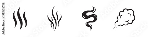 Steam and smoke icon set. Black flat vector illustrations of wavy lines, aroma clouds, and hot air isolated on white background. Vector Illustration.