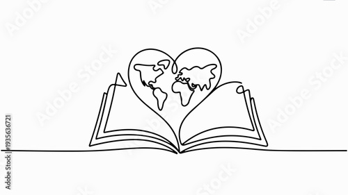 Open book with heart shaped globe on top symbolizing love for education and travel