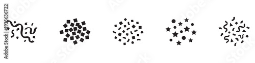 Confetti and party sparks icons set. Festive celebration elements including stars, circles, ribbons and falling paper fragments. Vector Illustration.