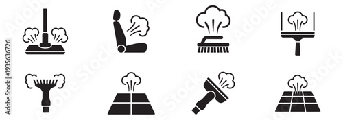 Steam cleaning and disinfection services icon set. Flat vector illustrations of floor steamer, carpet cleaning, and window treatment isolated on white background. Vector Illustration.