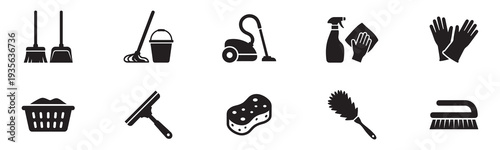 Cleaning icon set. Vector icons for sanitation and cleaning supplies: spray bottle, bubbles, detergent, wiping hand, soap bar, sparkling leaf, clean tag. Vector icon.