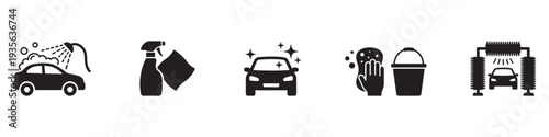 Car wash icons set. Auto car detailer icon. Washing, drying, polishing car parts. Automatic and self-service washing. Vector illustration. EPS 10