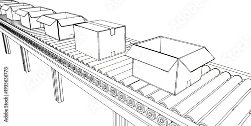 Cardboard boxes on a roller conveyor system, ready for shipping