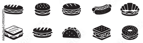 Fast food and sandwiches icons set. Collection of burger, hot dog, taco, croissant, donut and various delicious snacks symbols. Vector Illustration.