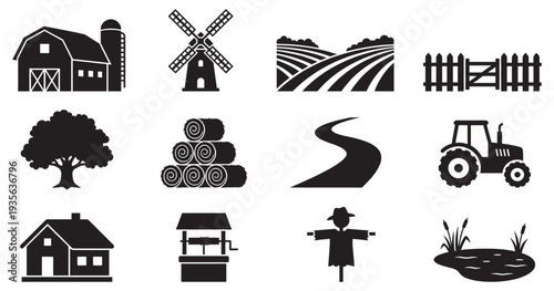Farming icon set. Farm icon. Farm agriculture theme simple vector icon logo design set bundle illustration
