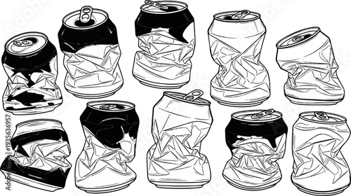 Collection of crushed metal beverage cans, some solid black, some line art