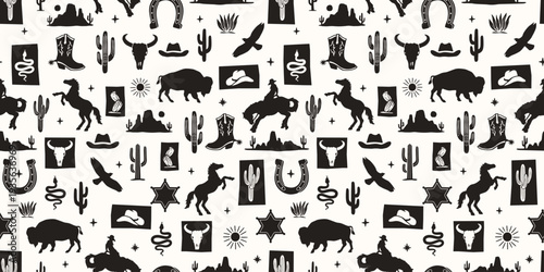 Western Themed Vector Seamless Pattern. Cactus, Cowboy Seamless Repeat Design. Boho Seamless Pattern.