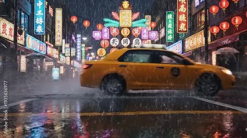 Rainy Night Street Scene with Neon Lights.