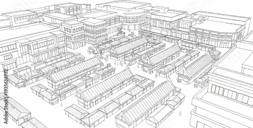 Aerial perspective sketch of a bustling marketplace with many stalls and buildings