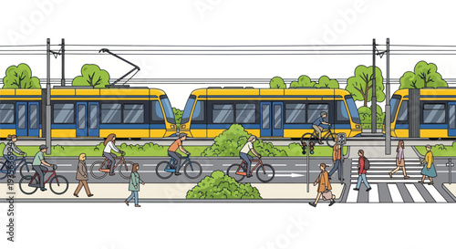 Urban Tramway with Cyclists and Pedestrians, Sustainable City Transport