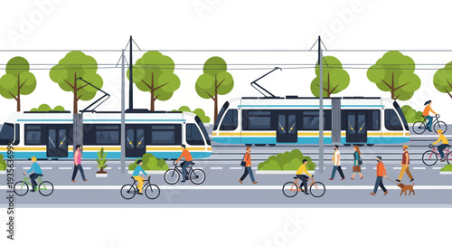 Urban Commute: People Cycling, Walking, and Riding Tram - Sustainable City Life