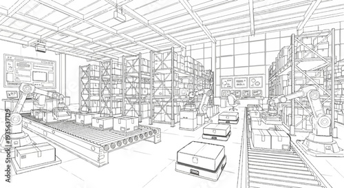 Automated warehouse with robotic arms and conveyor belts handling boxes