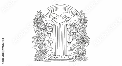 Lush jungle waterfall cascading into a pool under a rainbow