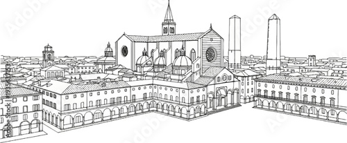 Architectural sketch of a historical city square with a cathedral and towers