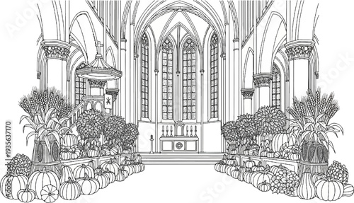 Autumn harvest adorns a church interior, featuring pumpkins, wheat, and floral displays