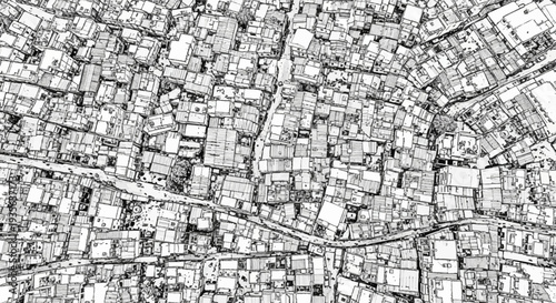 Aerial sketch of a dense urban settlement with narrow streets