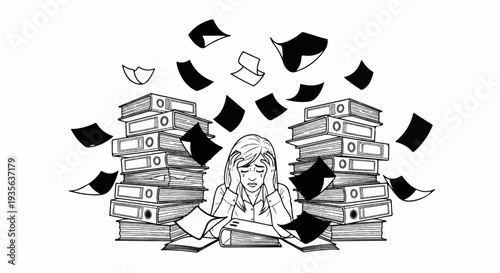 Overwhelmed person amidst flying papers and stacks of binders