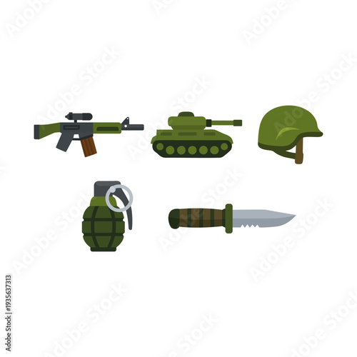 Flat vector military equipment icon set including rifle, tank, helmet, combat knife and grenade. Army and defense themed collection suitable for infographic, security concept and tactical design eleme