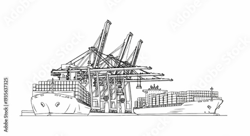 Large cargo ships being loaded by massive cranes at a busy port