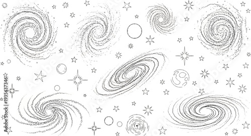 Collection of stylized galaxies, planets, and stars in a cosmic pattern