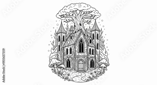 Ancient stone castle intertwined with a large tree, surrounded by fungi and magical flora