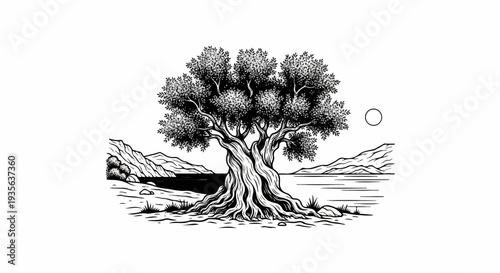 Ancient gnarled tree by a serene lake with mountains under a bright moon