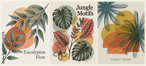 Boho botanical retro posters triptych with eucalyptus, Monstera, palm leaves, and abstract earthy shapes in muted greens, terracotta, and gold on cream backgrounds.