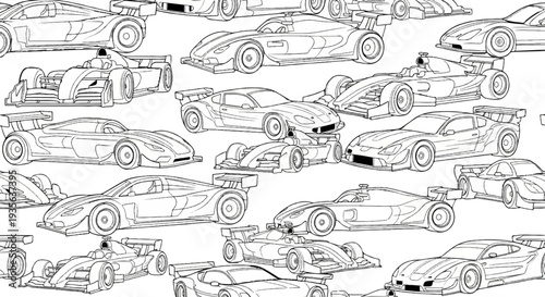 Collection of various racing cars and sports cars in a stylized sketch-like pattern