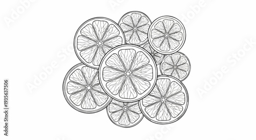 Black and white line drawing of overlapping citrus fruit slices