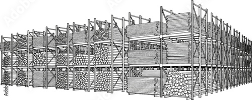 Detailed line drawing of a warehouse with stacked lumber and logs on shelves