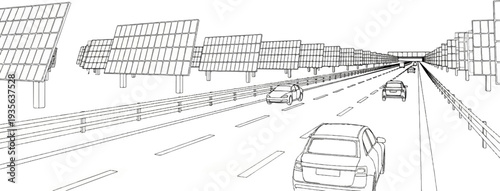 Highway with solar panels lining the road, cars drive on pavement