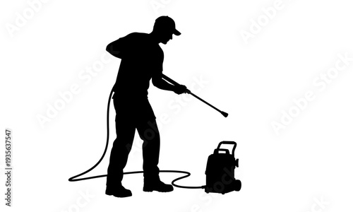 Professional man using a pressure washer for cleaning service silhouette