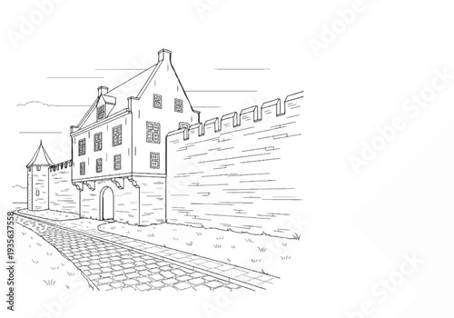 Sketch of old stone wall, gatehouse, and cobblestone path