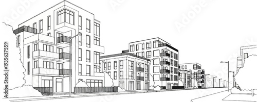 Sketch of modern apartment buildings lining a street with trees