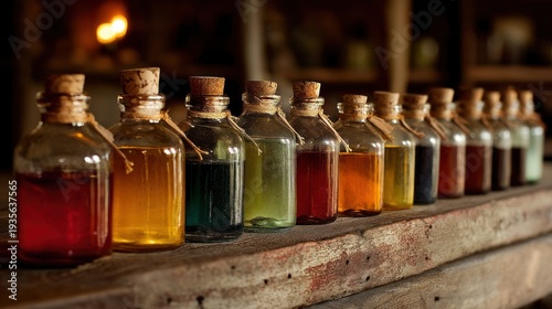 Row of colorful liquid filled apothecary bottles