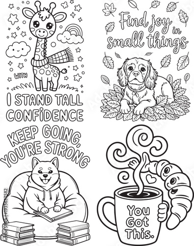 Cute cartoon giraffe dog corgi and croissant with coffee cup coloring Book page Bundle