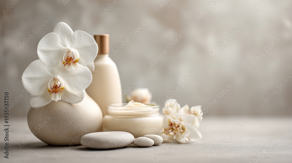 Obraz premium Elegant skincare spa concept still life, premium beauty products, soft natural light feeling, shallow depth of field f/4.0, clean neutral background, calm healing atmosphere, commercial advertising as