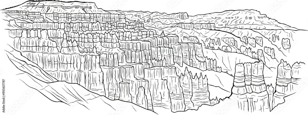 Fototapeta premium Detailed line drawing of towering hoodoos and layered rock formations under a wide sky