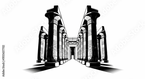 Stylized black and white rendering of a temple's imposing, hieroglyph-adorned columns